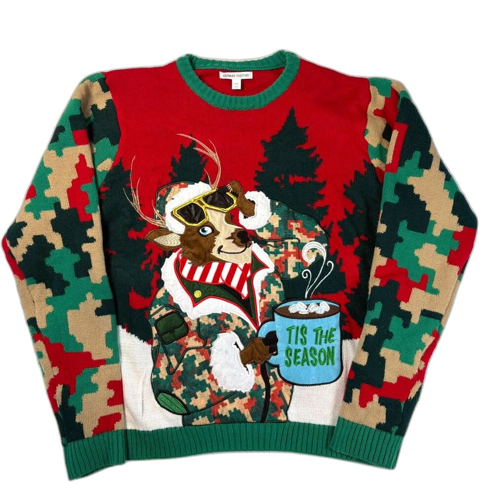 Celebrate Together Men's Reindeer Camo Ugly Christmas Sweater w/ Drink Pouch 2XL